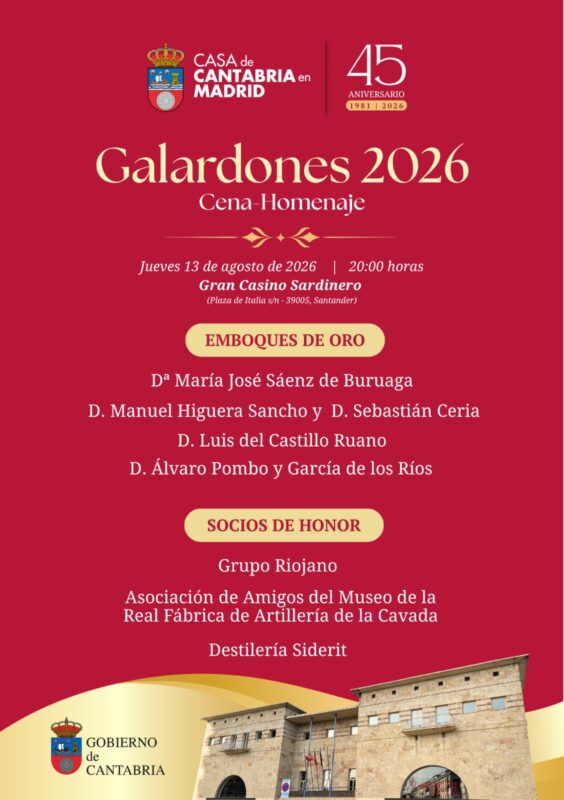La Casa de Cantabria en Madrid celebrará sus Galardones 2026 en Santander